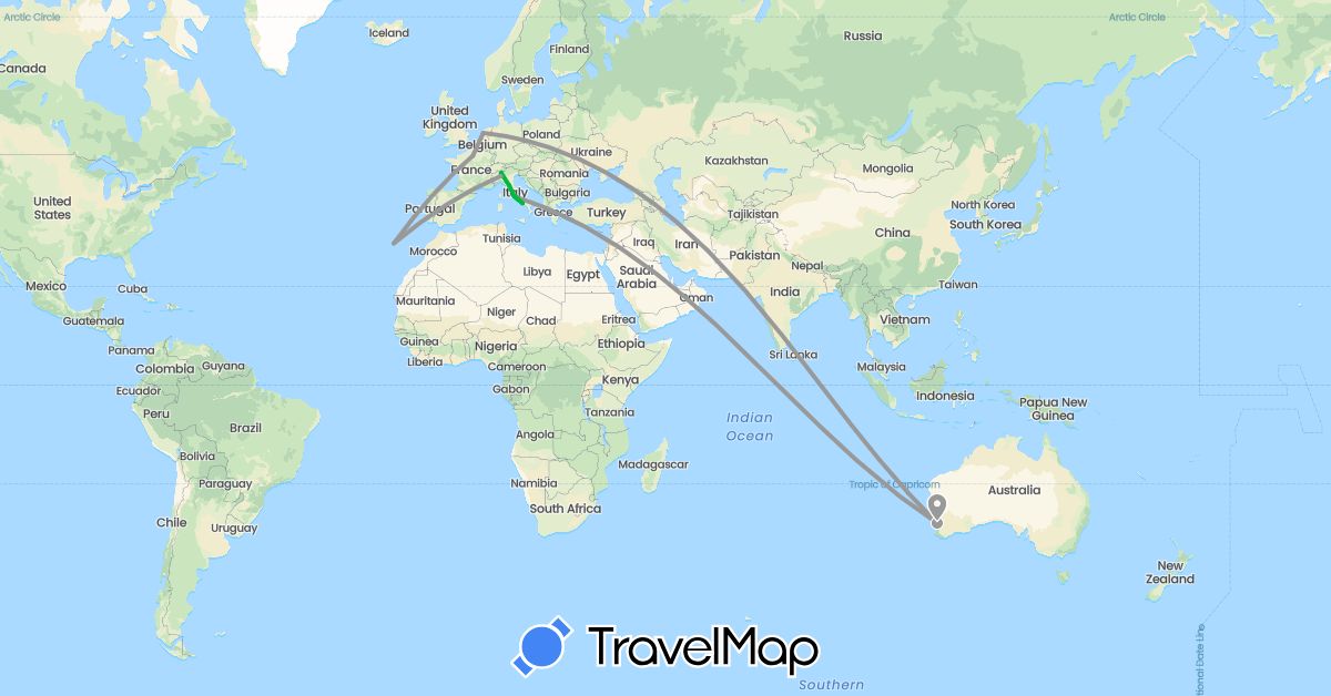 TravelMap itinerary: bus, plane in Australia, France, Italy, Netherlands, Portugal (Europe, Oceania)